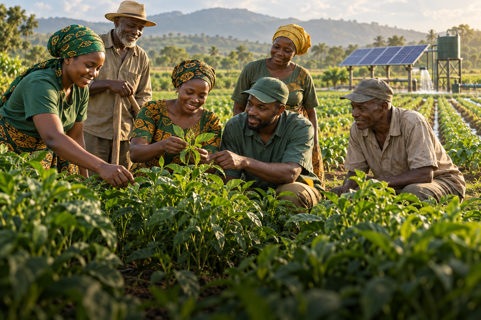 Illustrative scene of Nigerian farmers collaborating in productive fields